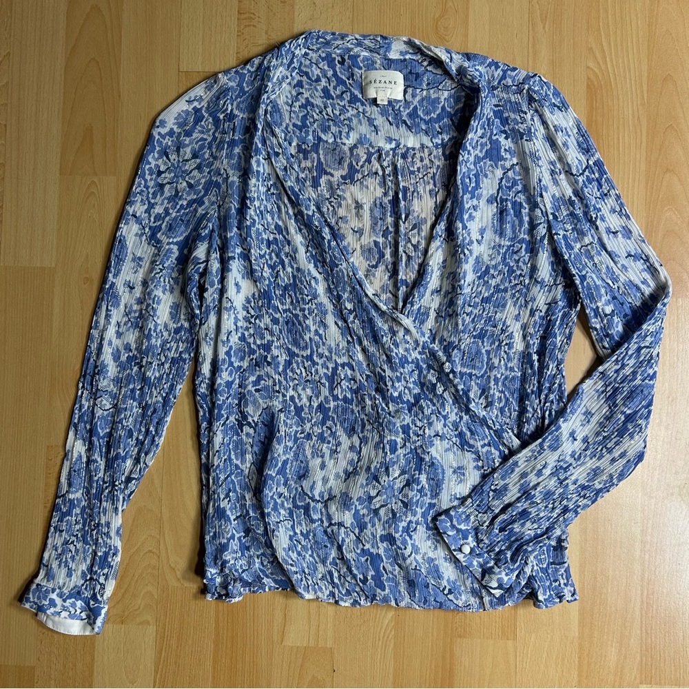 Sezane Amelia Blue and White Floral V Neck Faux Wrap Blouse - Picture 5 of 13